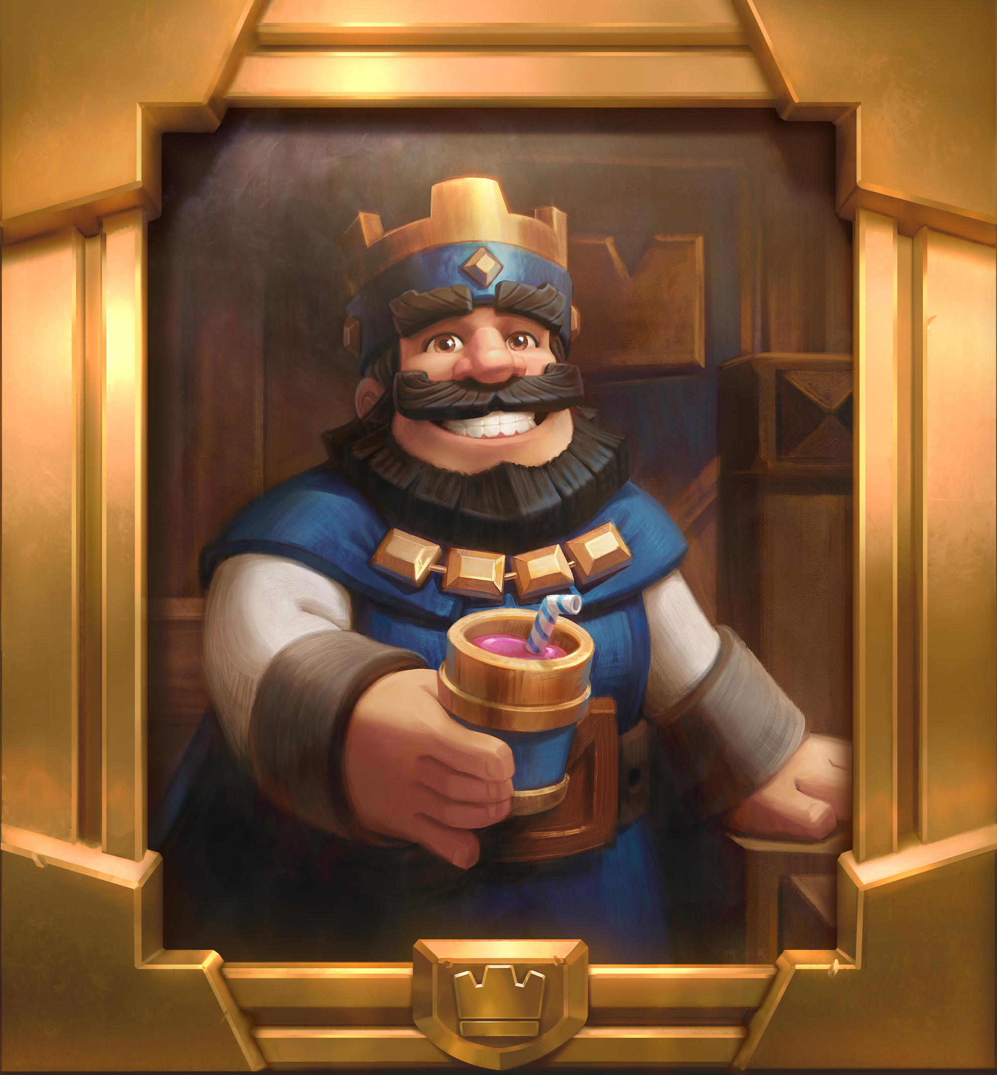 A framed portrait of Clash Royale's Blue King
